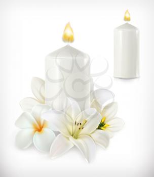 White candle and white flowers, vector icon