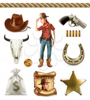 Cowboy cartoon character and objects. Western adventure. 3d vector icon set