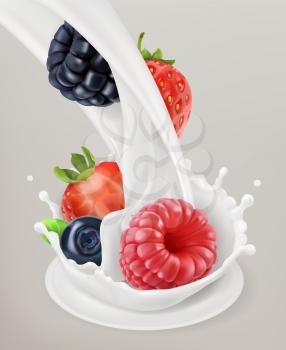 Milk splash and berry. 3d vector object. Natural dairy products