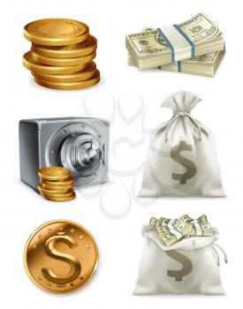 Paper money and gold coin, moneybag. 3d vector icon set