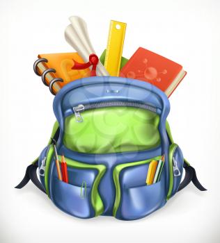 Schoolbag. Backpack with school supplies, 3d vector icon