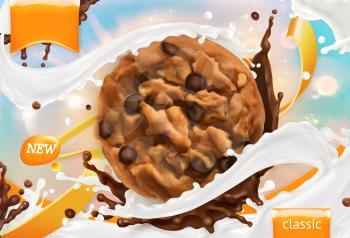 Chocolate cookies. White milk splash. 3d realistic vector, package design