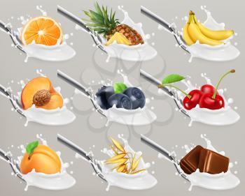 Fruit and berries yogurt. Milk splash. 3d realistic vector icon set