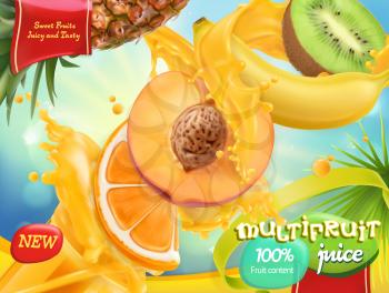Multifruit juice. Sweet tropical fruits. 3d realistic vector, package design