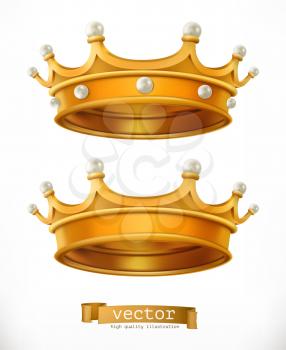 Gold crown, king. 3d realistic vector icon