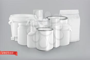 Packaging building and sanitary. White plastic, metal and paper pack. 3d realism, vector group