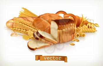 Carbohydrates. Bread, pasta, wheat, cereals. 3d vector illustration