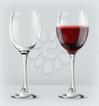 Transparency wine glass. Empty and full. 3d realism, vector icon