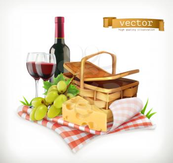 Time for a picnic, nature, outdoor recreation, a tablecloth and picnic basket, wine glasses, cheese and grapes, vector illustration