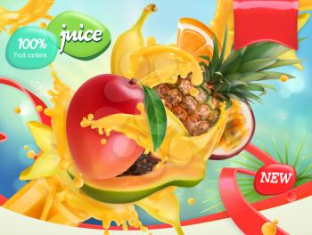 Mix fruits. Splash of juice. Mango, banana, pineapple, papaya. 3d realistic vector, package design