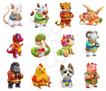 Funny animal in the Chinese zodiac, Rat, ox, tiger, rabbit, dragon, snake, horse, sheep, monkey, rooster, dog, pig. Chinese calendar, 3d vector icon set