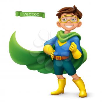 Little boy in superhero costume with green coats. Comic character, vector illustration
