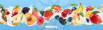 Milk splash. Yogurt with fruits and berries. Strawberry, raspberry, banana, peach, apricot, blackberry, blueberry, pineapple, mango, oat. 3d vector realistic set