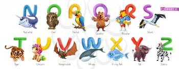 Zoo alphabet. Funny animals, 3d vector icons set. Letters N - Z Part 2. Narwhal, owl, parrot, quokka, rooster, stork, tiger, unicorn, vampire bat, whale, x-ray fish, yak, zebra