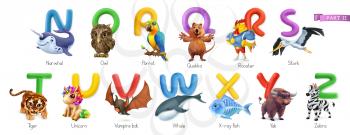 Zoo alphabet. Funny animals, 3d vector icons set. Letters N - Z Part 2. Narwhal, owl, parrot, quokka, rooster, stork, tiger, unicorn, vampire bat, whale, x-ray fish, yak, zebra