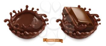 A piece of chocolate and a chocolate splash. 3d vector realistic food illustration
