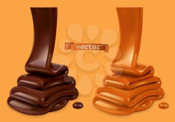 Melted chocolate and pouring caramel sauce 3d realistic vector objects. Food illustration