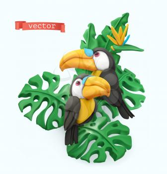 Pair of toucans and tropical leaves. Summer time concept. 3d vector objects. Plasticine art illustration