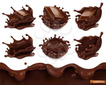 Piece of chocolate and chocolate splash. Seamless pattern. 3d vector realistic food objects set