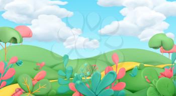 Cartoon spring landscape. Art illustration. 3d vector background