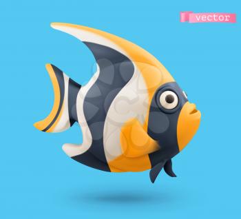 Moorish idol, angelfish 3d realistic vector icon. Funny small fish cartoon character