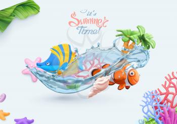 Summer, sea background. 3d vector realistic illustration. Coral reef, tropical fish, starfish, seashell objects