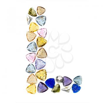 Gemstones alphabet, letter L. Isolated on white background.