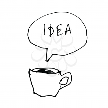 Coffee cup symbol with idea word in speech bubble. Hand-drawn illustration