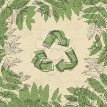 Recycle symbol, printed on reuse paper. In frame of leaves. vector illustration, EPS10.