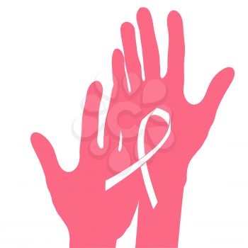 Hands holding breast cancer ribbon, vector illustration.