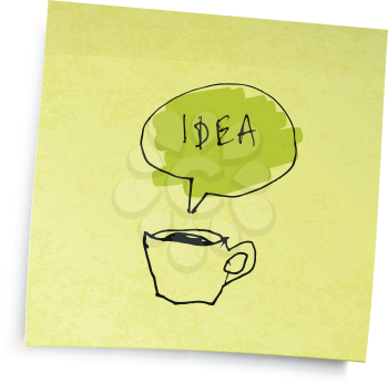Yellow sticky notes with coffee cup idea illustration. Vector illustration, EPS10.