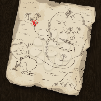 Treasure map on wooden background. Map under mask, you can change the location.