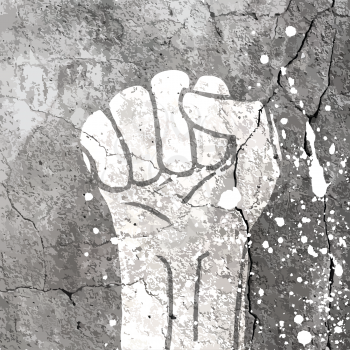 Grunge fist illustration on concrete texture with white splashes. Vector