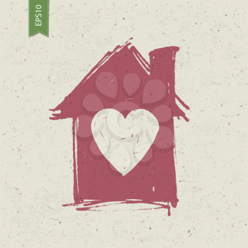 House sign with heart on paper texture. Vector, EPS10