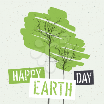 Typographic design for Earth Day. Concept Poster With Green Leaves. Vector Template. On recycled paper texture