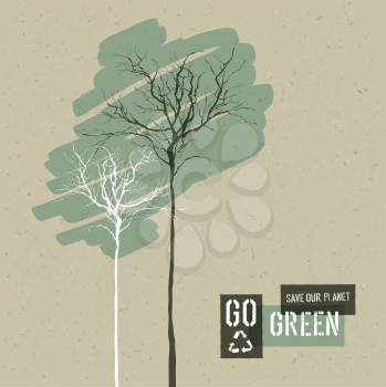 Save Nature Concept Illustration. Trees on Cardboard Realistic Background. Go Green Headline with Reuse Symbol. Vector illustration.