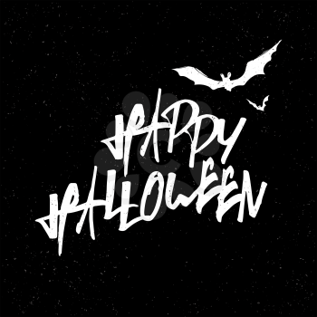 Happy Halloween Lettering. White letters on Black textured background. With bats silhouettes.