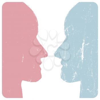 Man and woman profiles. Relations concept. Grunge styled. Abstract unrecognizable faces. Vector illustration.