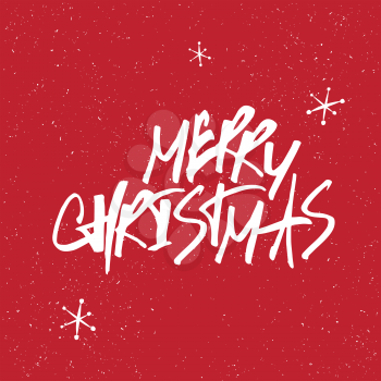 Merry Christmas Lettering. White letters on Red textured background. With snowflakes.