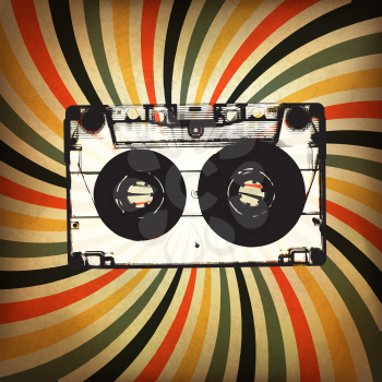 Grunge music background. Audio cassette illustration on rays