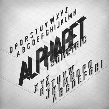 Black Isometric Alphabet. On monochrome grid background. Two weights - bold and thin.