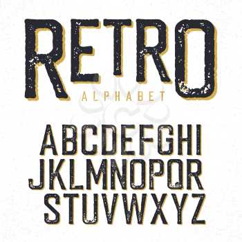 Retro typeface. Stamped alphabet, shadowed. Isolated on white