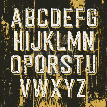 Vintage retro typeface on wooden texture with shadow. Stamped alphabet