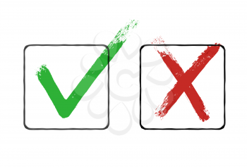 Grunge checkmarks in checkbox. Red and green. Vector clipart