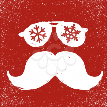 Santa vintage sunglasses and moustache. With snowflake reflection. On textured grunge red background. Vector illustration. Christmas fun concept.