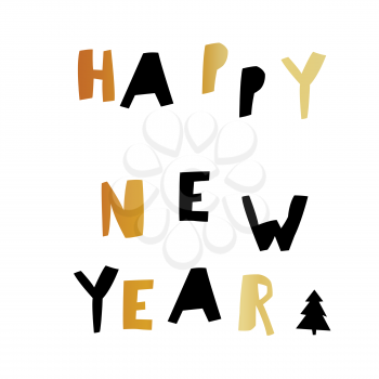 Happy New Year. Gold and black letters. Holiday postcard template