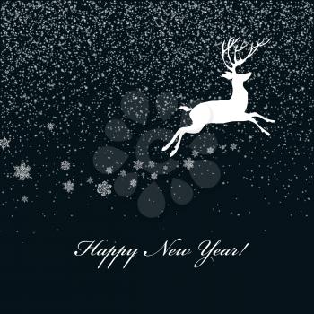 Christmas deer and snowfall background. Xmas postcard template. Vector illustration.