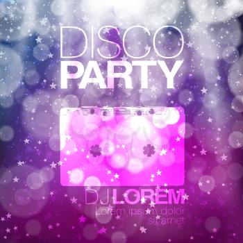 Disco poster or flyer design vintage vector template on colorful neon background. Violet pink background. Retro vector background. Disco background
