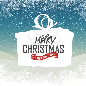 Xmas Wishing you a very Merry Christmas and Happy New Year lettering in gift box shape. On a magical night background with snowfall and light effects. Isolated downside to white (snowflakes, snowdrift