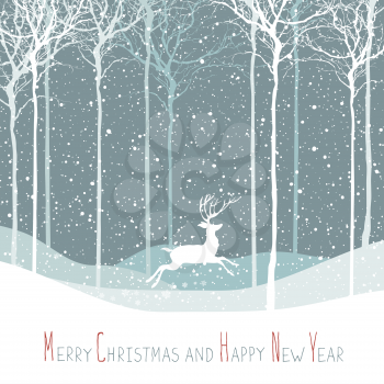 Merry Christmas postcard. Christmas deer. Calm winter scene. Vector background with white tree silhouettes under snowfall. Calm winter forest. Snowfall